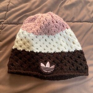 adidas Pink White Brown Crochet Beanie with Trefoil Patch